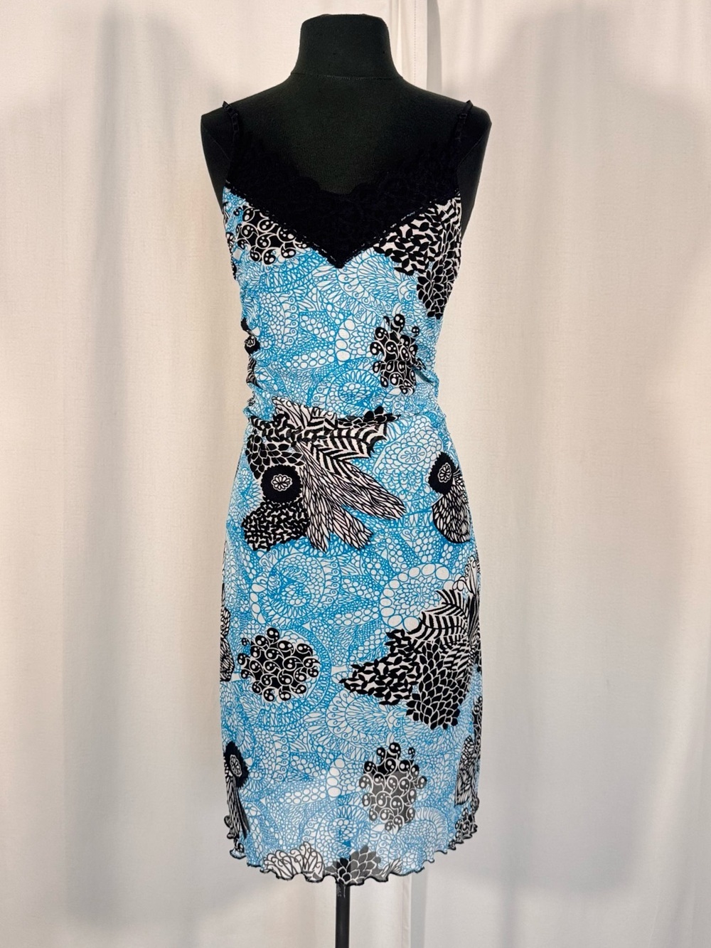 Bisou Bisou Blue Floral Lace Trim Slip Midi Dress